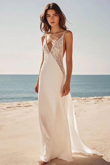 Spaghetti Straps Sheath Satin Lace White Dress